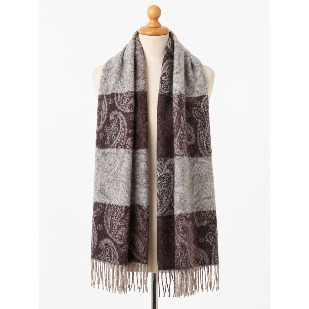 V. Fraas Cashmink Scarf Made in Germany Paisley Print Grey Brown Fringe Preppy